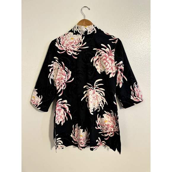 Soft Surroundings Petite Medium Black Top Button Up 3/4 Sleeve Pink Floral Print - Picture 5 of 9